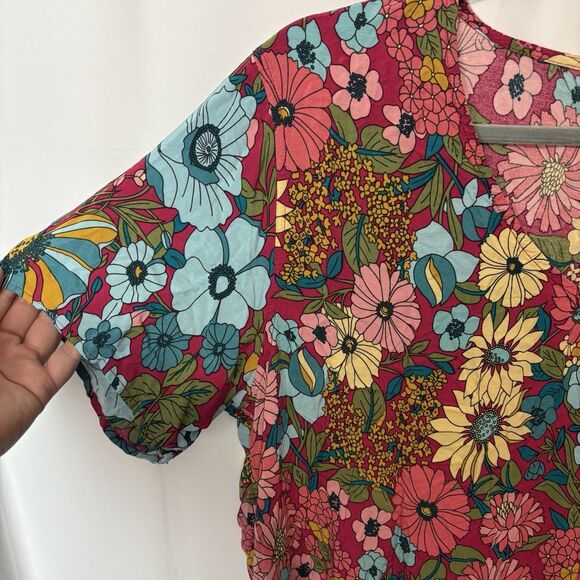 Natural Life Mini Dress Oversized Floral Print V Neck 100% Rayon Boho Sz L EUC - Picture 5 of 8